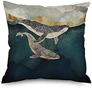 Andreannie Oil Painting Deep Sea Sharks Whale Animals Cotton Linen Decorative Throw Pillow Case Cushion Cover for Sofa Couch Bed Square 18X18 Inches