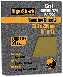 TigerShark 9 inch by 11 inch Sanding Sheets Grit 80/100/120/150/220 25PCS Pack Paper Gold Line Special Anti Clog Coating