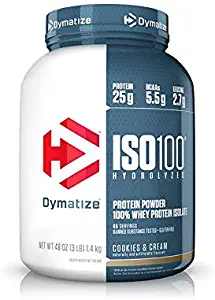 Dymatize ISO100 Hydrolyzed Protein Powder, 100% Whey Isolate Protein, 25g of Protein, 5.5g BCAAs, Gluten Free, Fast Absorbing, Easy Digesting, Cookies and Cream, 3 Pound