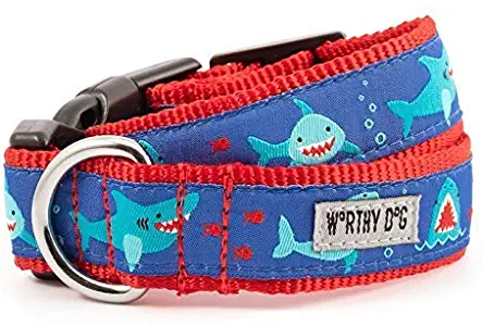 The Worthy Dog Chomp Shark Ocean with Red Fish Pattern Designer Adjustable and Comfortable Nylon Webbing, Side Release Buckle Collar for Dogs - Fits Small, Medium and Large Dogs, Blue Color