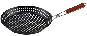 Heavy Duty Perforated Steel Nonstick Grilling Skillet with Folding Wood Handle, 12