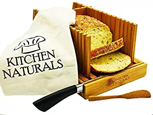 Premium Bamboo Foldable Bread Slicer – Built in Crumb Catcher and Knife Rest |Bread Slicing Guide, Bread Loaf Slicer– Bonus Bamboo Butter Spreader, Storage Bag and Guide Book.