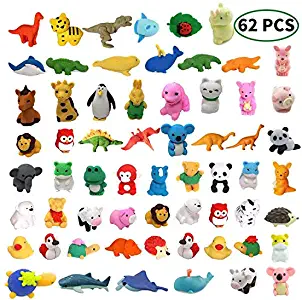 MAXZONE 62Pcs Animal Erasers Bulk Kids Pencil Erasers Puzzle Eraser Toys Mini Novelty Erasers for Party Favors, Classroom Rewards, Games Prizes, Carnival Gifts and School Supplies