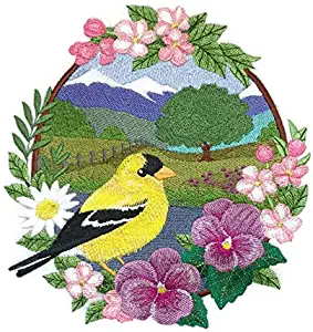 Nature Weaved in Threads, Amazing Birds Kingdom[Goldfinch - Spring Meadow with Tree] [Custom and Unique] Embroidered Iron on/Sew Patch [6.9"x"7.43"] [Made in USA] …