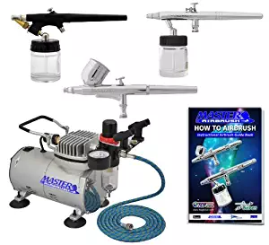 Master Airbrush 3 Airbrush Professional Multi-Purpose Airbrushing System Kit - G22, S68, E91 Gravity & Siphon Feed Airbrushes, Hose, Air Compressor, Airbrush Holder - How-To-Airbrush Guide Booklet