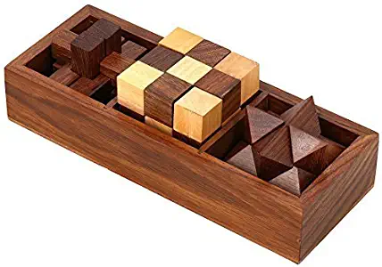 ShalinIndia 3 in One Wooden 3D Puzzle Games Set Teens and Adults Includes Wood Interlocking Blocks Diagonal Burr and Snake Cube in Storage Box
