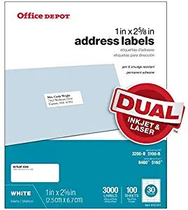 Office Depot White Inkjet/Laser Address Labels, 1in. x 2 5/8in, Box of 3,000, 505-O004-0004