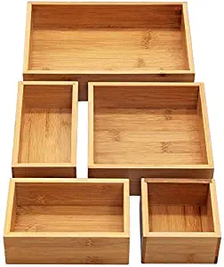 INTERGREAT 5-Piece Bamboo Storage Box Drawer Organizer Set Storage Organizer Divider for Office Desk Supplies and Accessories