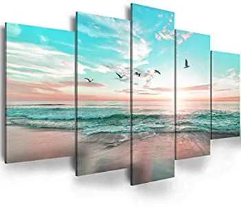 Abstract Ocean Beach Sunrise - Ephany Art - Wall Art Blue Sea Landscape Wall Art Canvas Wall Art 5 Pieces, Blue Sea Picture Wall Decor, Office Wall Decor,canvas wall art 5 piece Framed Wall Art For Living Room Wall Picture (A-5pcs,40"x20")